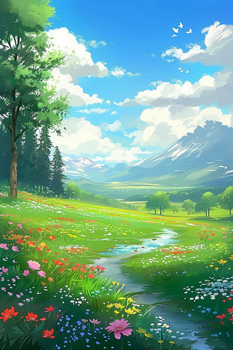 风景花朵小溪油画春天手绘插画