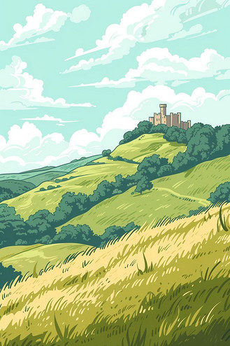 卡通手绘郊外风景海报企业vip免费下载插画春天山坡海报风景手绘插画