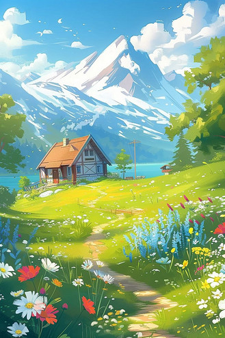 春天唯美乡村风景山峰手绘插画