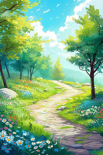 明媚春光图片素材_春天油画风景唯美手绘插画