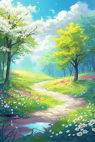 明媚春光图片素材_春天唯美风景手绘油画插画
