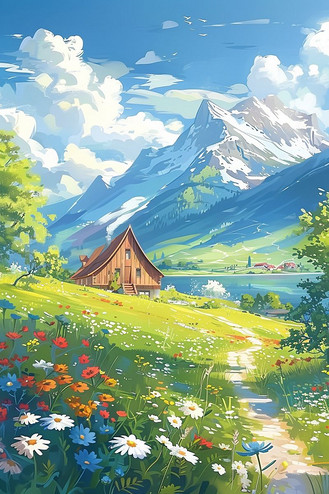 春天唯美插画风景乡村山峰手绘