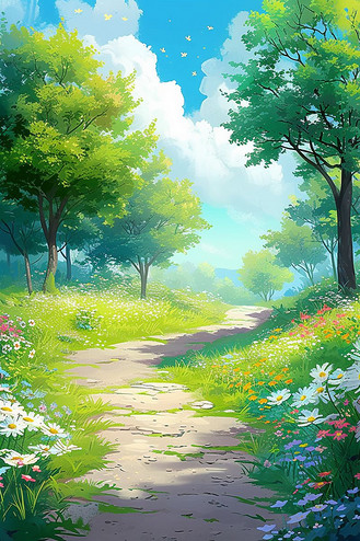 唯美春天风景手绘油画插画