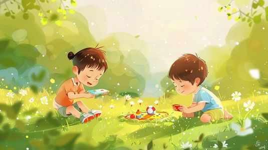儿童插画图片_彩色户外草坪上儿童玩耍的插画