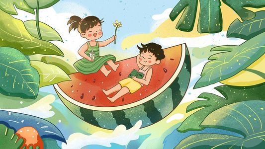 夏天插画图片_卡通夏季男孩女孩水上西瓜玩耍场景素材