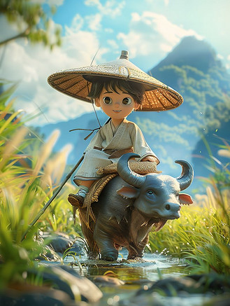 清明节男孩骑着水牛素材