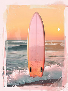 冲浪板海滩日落艺术画图片