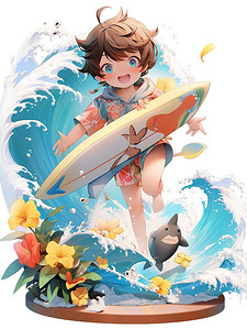 夏天矢量插画图片_可爱的男孩海上冲浪矢量插画