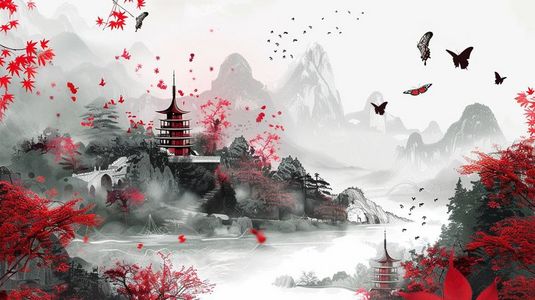 山峰上的塔楼和鸟群中国山水插画