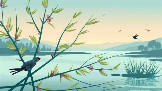 树叶插画图片_春天湖泊旁枝叶上的小鸟插画
