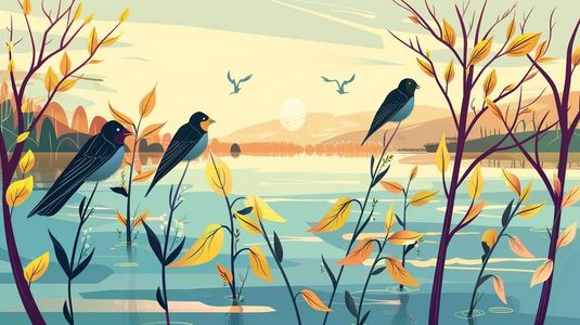 青草插画图片_春天湖泊旁枝叶上的小鸟插画