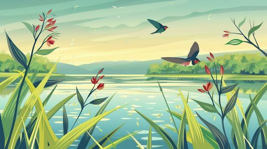 树叶插画图片_春天湖泊旁枝叶上的小鸟插画