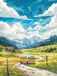 夏季汽车晴朗天气风景手绘海报矢量插画