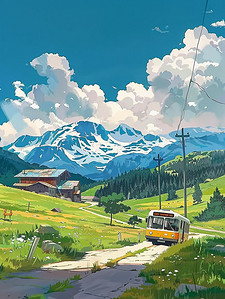 汽车晴朗天气风景手绘夏季海报插画