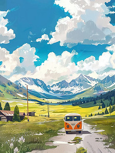 夏季汽车晴朗风景天气手绘海报插画海报