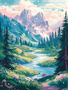 油画唯美山水风景手绘夏季海报插图