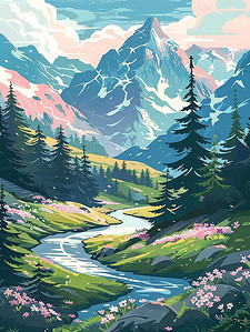 唯美山水风景手绘油画海报夏季插画