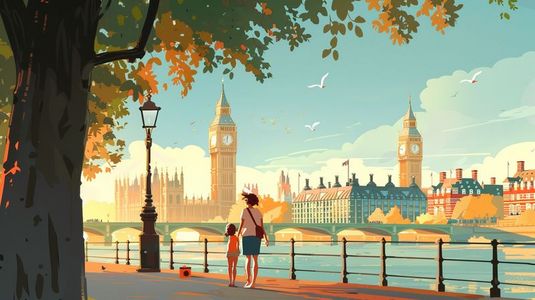 河边观看伦敦塔的一家人插画