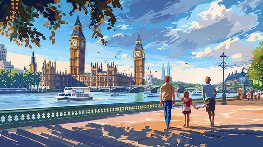 英国家暴插画图片_河边观看伦敦塔的一家人插画