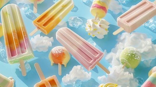 夏日甜品插画图片_蓝色背景前散落的鲜果雪条插画