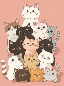 可爱的叠叠猫卡通插画