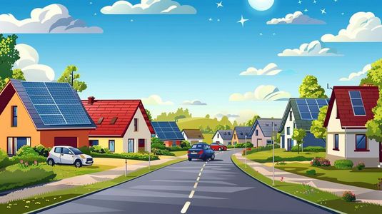 农村日板板插画图片_乡村道路旁的太阳能板屋顶房子插画