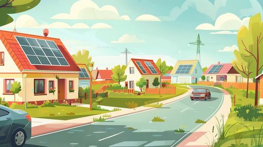 农村板板车插画图片_乡村道路旁的太阳能板屋顶房子插画