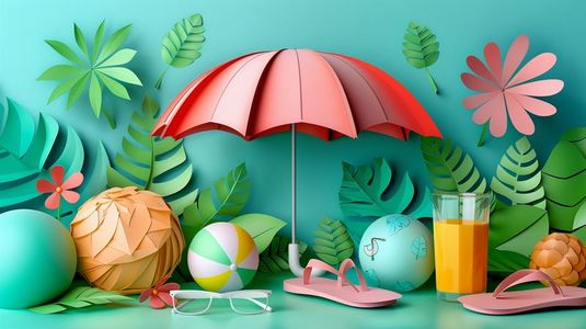 夏日绿植遮阳伞沙滩用品插画