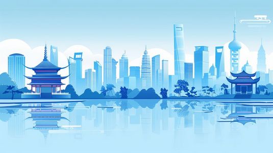 蓝色城市插画图片_蓝色城市建筑风景平面插画