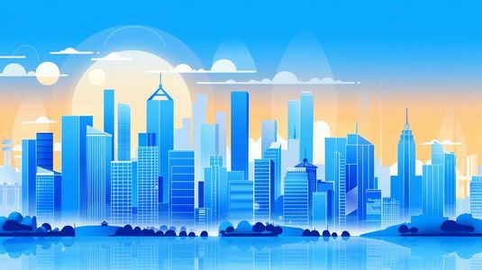 蓝色城市建筑风景平面插画