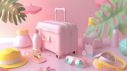 隔离防晒插画图片_夏季粉色旅行箱用品防晒的插画