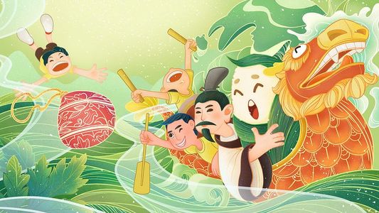 端午龙舟粽子插画图片_国风手绘端午赛龙舟素材