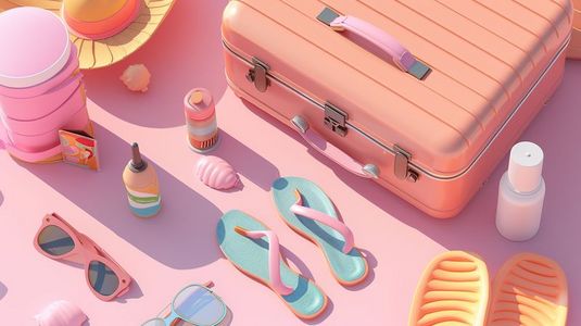 夏季粉色旅行箱用品防晒的插画