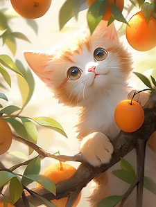 可爱果实插画图片_一只小猫在果树上插画设计