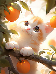 可爱果实插画图片_一只小猫在果树上原创插画