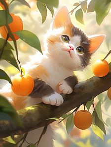 可爱果实插画图片_一只小猫在果树上插图