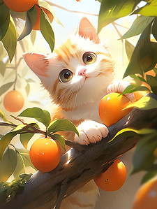 可爱果实插画图片_一只小猫在果树上原创插画