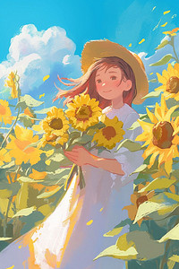 夏季向日葵女孩手绘海报插画