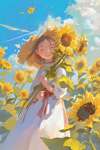 夏季插画向日葵女孩手绘海报