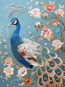 孔雀和木兰花刺绣风格插画海报