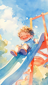 孩子的快乐插画图片_快乐的六一儿童节滑滑梯的孩子插画