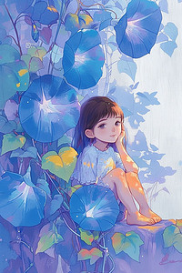 女孩紫色夏季喇叭花唯美手绘海报插画素材