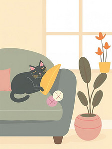 卡通沙发插画图片_睡在沙发上的猫咪卡通插画图片