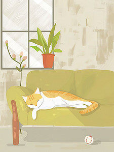 睡在沙发上的猫咪卡通插画素材