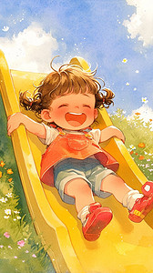 孩子的快乐插画图片_快乐的六一儿童节滑滑梯的孩子插画
