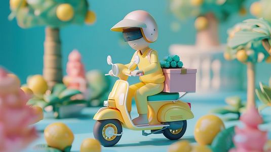 快递外卖插画图片_快乐送餐员骑着黄色电动车插画设计