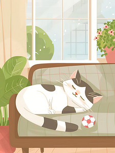 卡通沙发插画图片_睡在沙发上的猫咪卡通原创插画