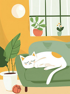 睡在沙发上的猫咪卡通图片