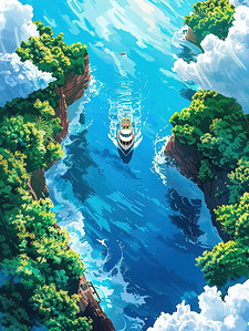 小船在蓝色海洋中航行的鸟瞰图插画设计
