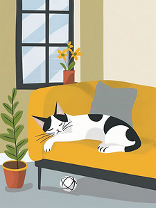 卡通沙发插画图片_睡在沙发上的猫咪卡通插图